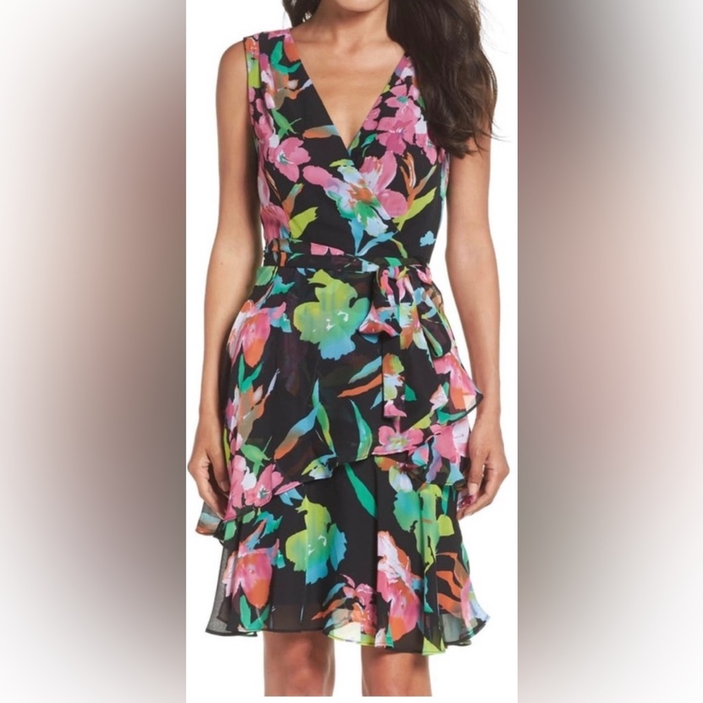 Tahari Arthur S. Levine Floral Dress 10 M Chiffon Wrap Black Pink Surplice